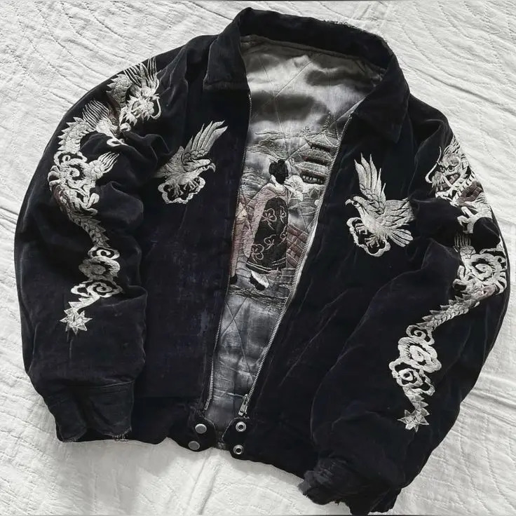 Hip Hop Japan Harajuku Style Jacket Gothic Dragon Pattern Bomber Jackets High Quality Embroidered Y2k Zipper Fleece Lined Coat 260109 - view 4