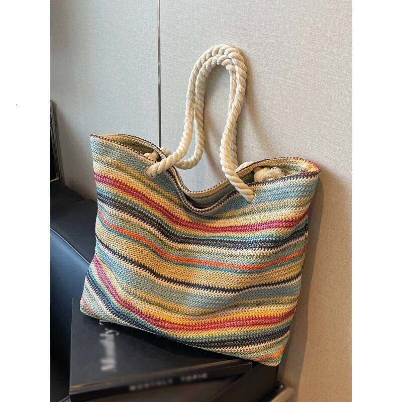 Female Fashion Retro Handbags Women's Nylon Woven Rainbow Casual Shoulder Bags Ladies Leisure Designer Luxury Hand Bag for Lady XJ260109