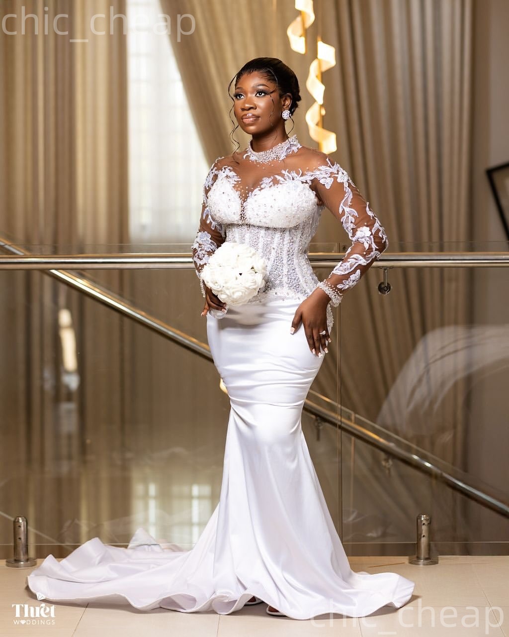 African Aso Ebi 2026 Ivory Mermaid Wedding Dress Lace Beaded Crystals Full Sleeves Satin Vintage Elegant Bridal Gowns Dresses ZJ2270