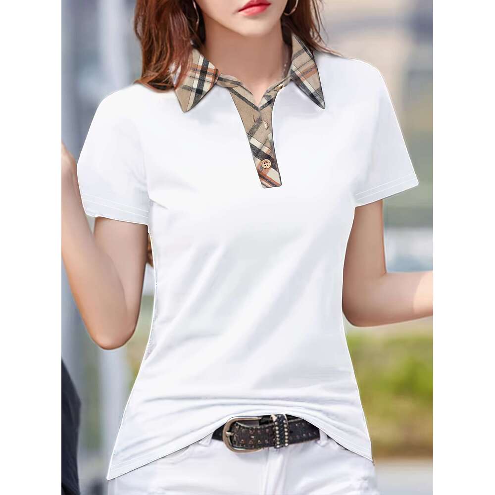 Long sleeved T-shirt Women's Spring/Summer New High end Fashion British Polo Collar Plaid Casual Top Women's short sleeved men's polo s