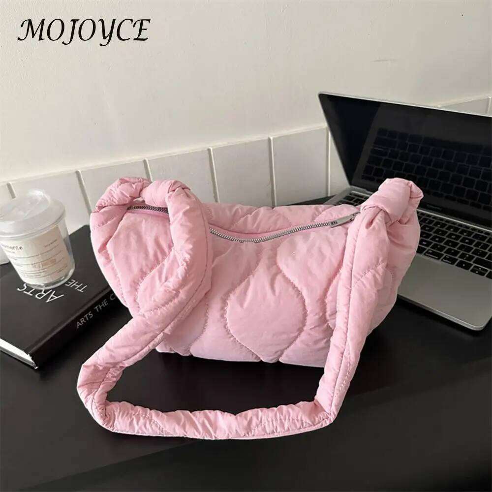 Female Puffer Shoulder Bag Trendy Soft Down Cotton Padded Tote Handbag with Zipper Solid Color Lightweight for Autumn and Winter XJ260109