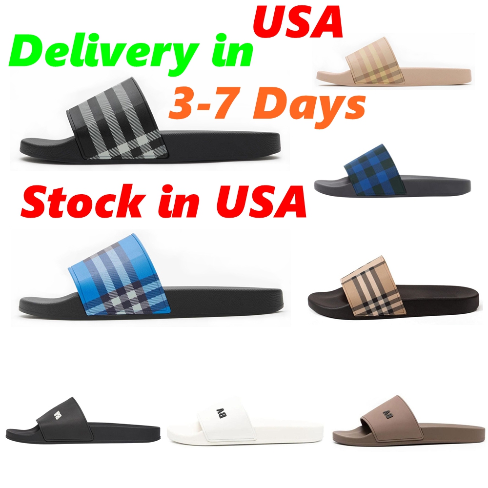 Designer Check Slides Vintage Printing Tartan Slippers Sliders Mens Furley Archive Summer Beige Print Embossed Logo Slide Dark Cerulean Blue Mangrove Size 35-46