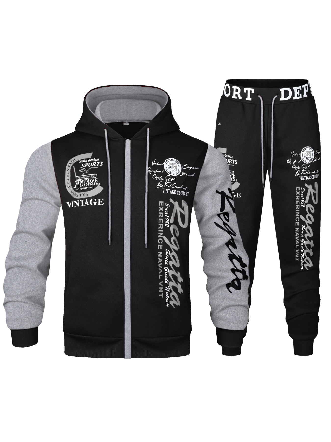 Men's R-Print 2-Piece Tracksuit - Vintage Sports Hoodie and Jogger Pants Set