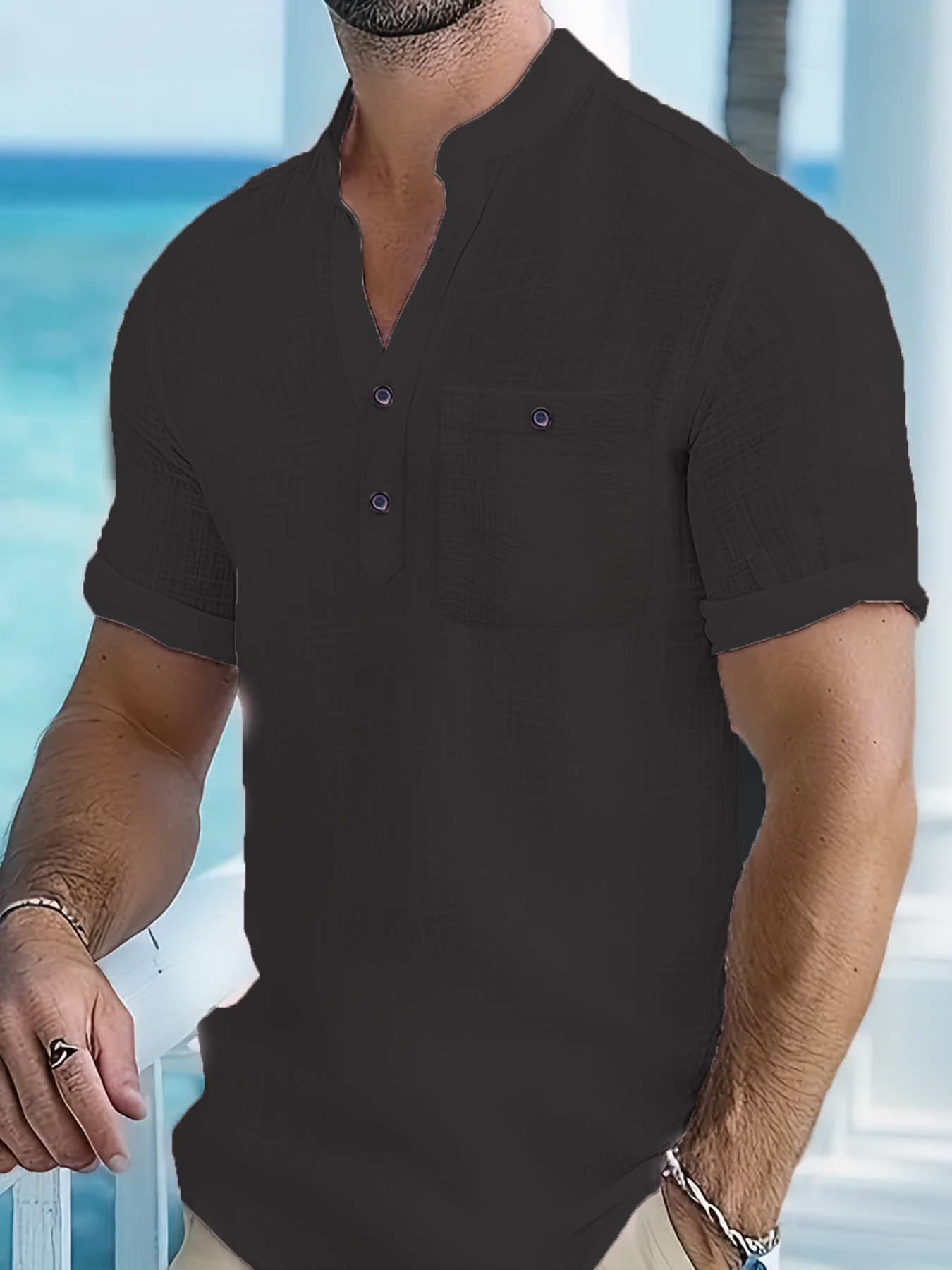 Men's Short-Sleeve Mandarin Collar Shirt - Casual Button-Front Linen-Blend Top with Pocket Wholesale