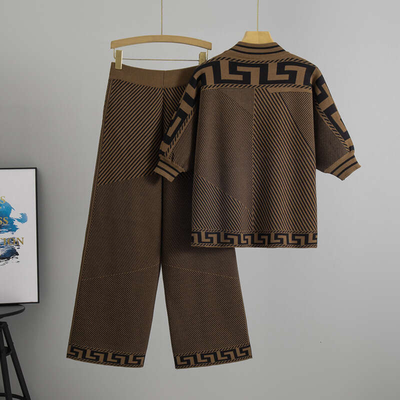 Foreign Trade High Waist Wide Leg Pants Women Spring Summer New Short Sleeve Striped Knitted Top Casual Two Piece Set