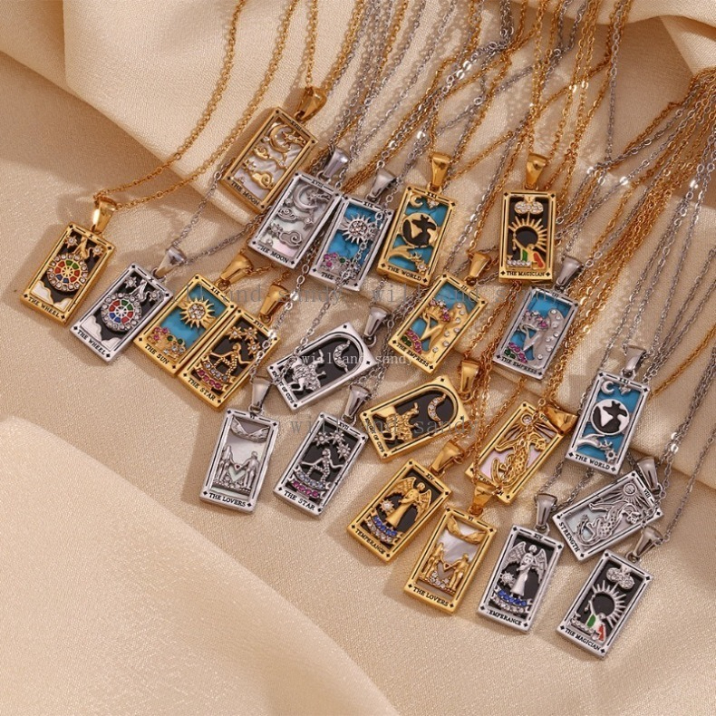 Square Tarot Card Necklace Tarnish Free 18k Gold Plated Crystal CZ Stone Star Sun Moon Queen Symbolic Wiccan Zodiac Spiritual Jewelry for Woman Gift Hypoallergenic
