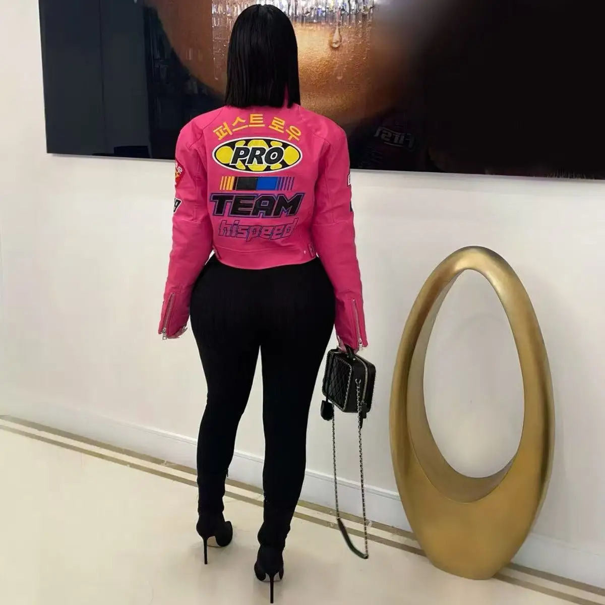 Winter Leather PU Jackets Women Crop Varsity Baseball Coats Y2K Streetwear 2025 Fall Letter Print Cyber Racer Jackets Coats 251230