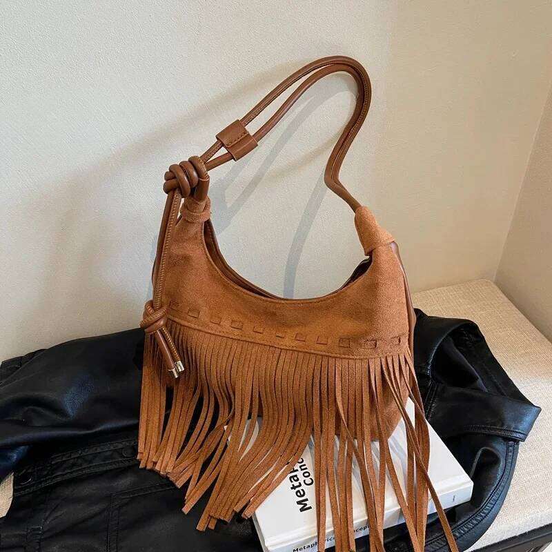 Autumn Winter New Leather Tassel Bag, Retro Single Shoulder Crossbody, Simple Women's Bag XJ260109