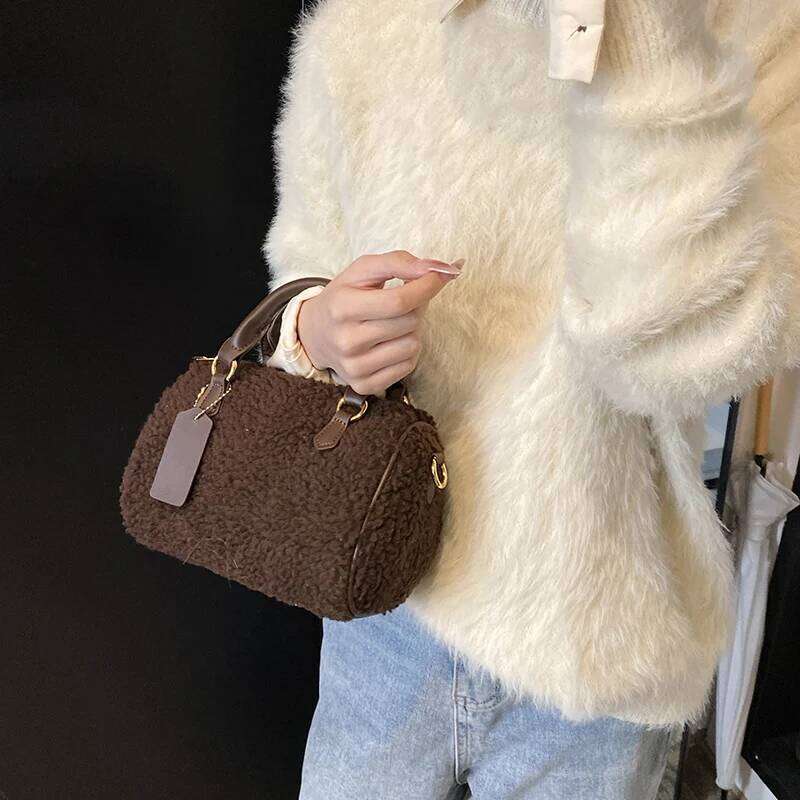 Beige Faux Fur 2024 Winter Women Warm Fluffy Lamb Woolen Shoulder Bag Lady Versatile Small Crossbody Handbag Coffee XJ260109