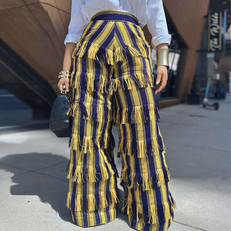 Women's New Fashion Striped Tassel Slim Fit Color-Block Wide-Leg Long Casual Pants Luanyun