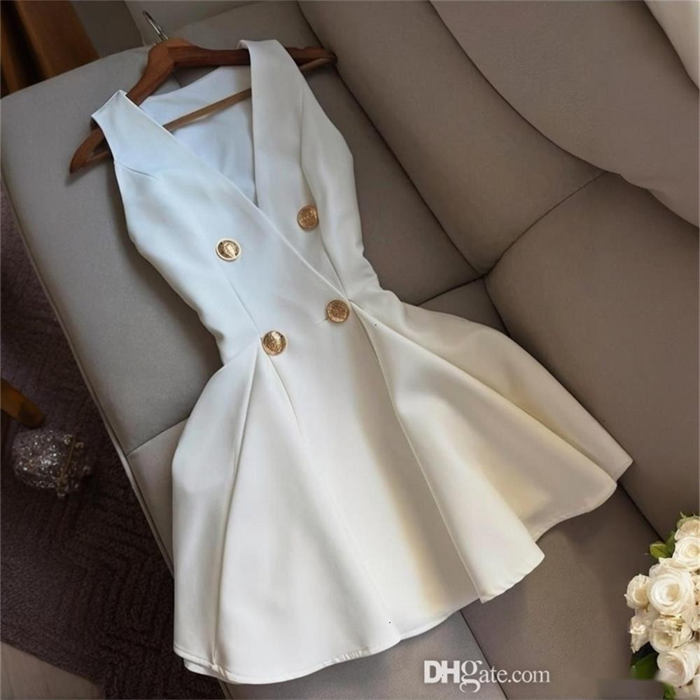 Fashion Casual Dresses Woman Elegant Sexy Deep V-neck Luxury Mini Skirt Dress Black White Button Ladies Evening Party Dress