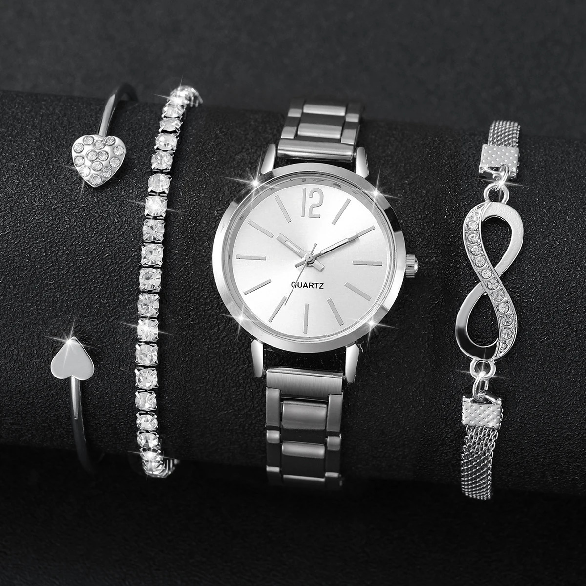 4PCs/Set Womens Watch and Simple Womens Steel Band Quartz Watch Octagonal Love Bracelet Set 260108