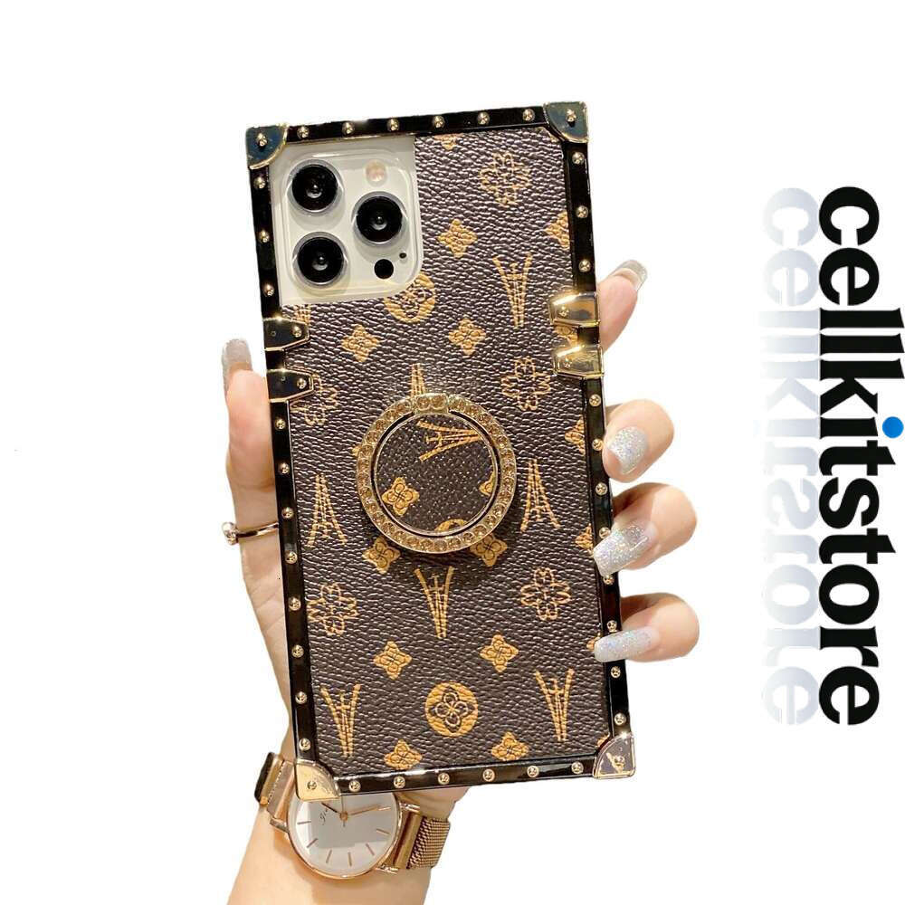 Trendy Square Leather iPhone Case, Classic Monogram Pattern with Gold Metal Bumper & Ring Stand for iPhone 17 Pro Max/16 & Samsung S25U