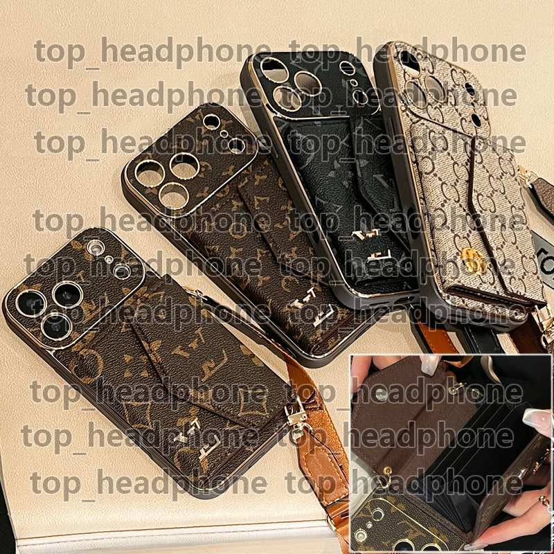 Luxury Crossbody iPhone Case for iPhone 17Pro Max 16 14 13 Leather Designer Metal Chain Wristband Wallet Phone Case for Women Men strap lanyard Cover with Card Holder