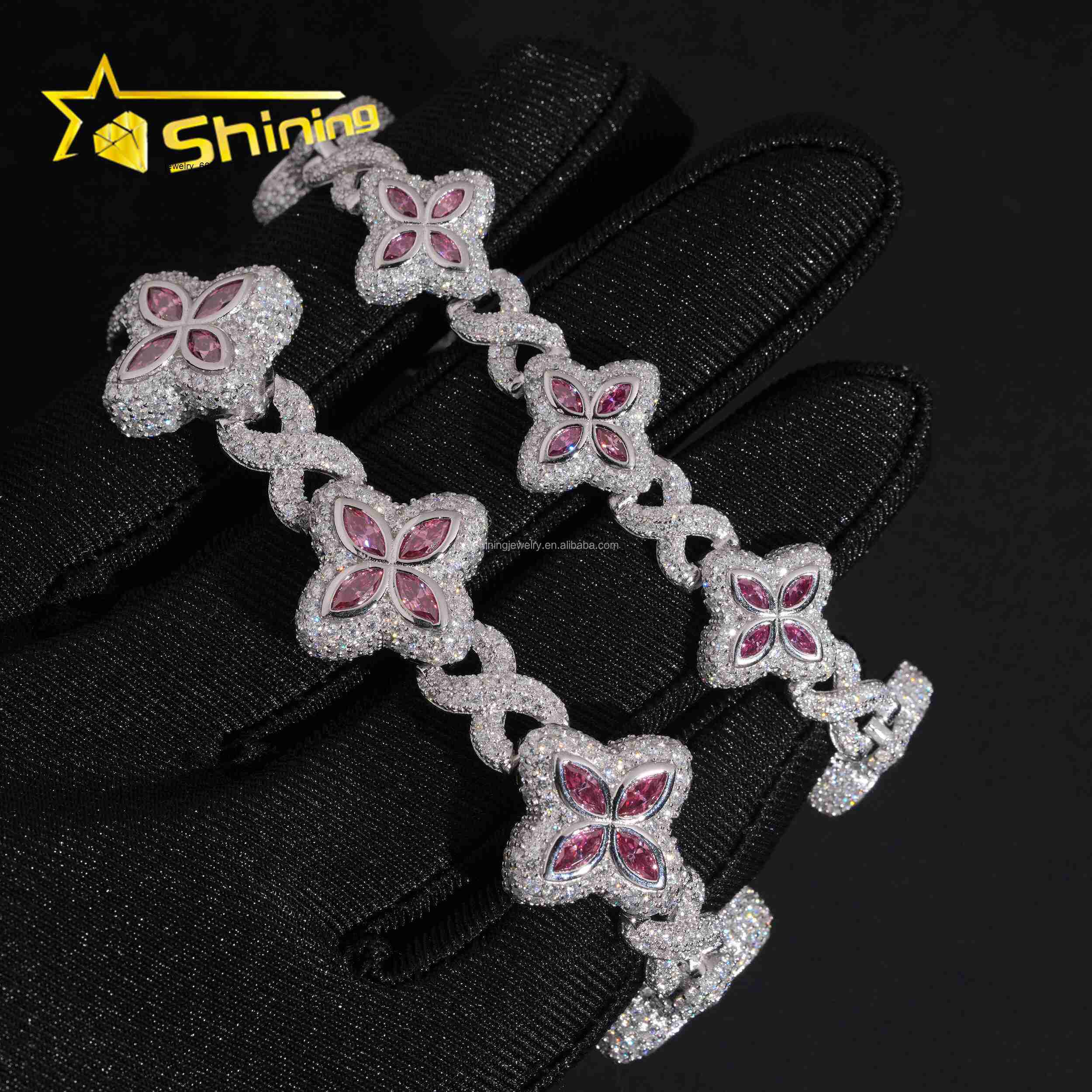 Unique Design Marquise Design Rapper Luxury Jewelry Hip Hop Pink Color Moissanite Iced Out S925 Silver Cuban Clover Bracelet