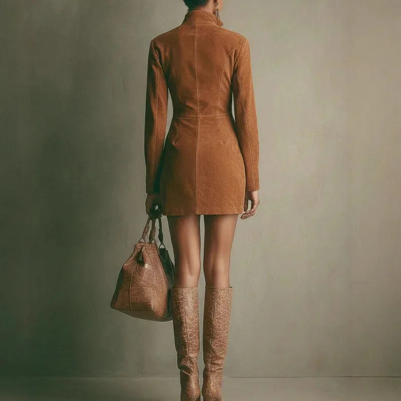Western Retro Solid Suede Short Dresses Woman Sexy Zipper Lapel Slim Party Dress Autumn Long Sleeve Pockets Mini Dress 251230