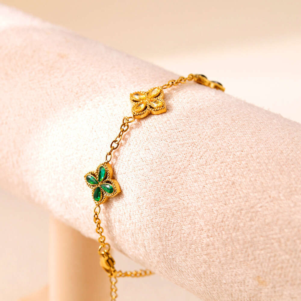European and American New Style Four-Leaf Clover Stainless Steel 18K Plated Jewelry Colorful Zircon Snake Chain Bracelet Gold Bracelets For Valentine&