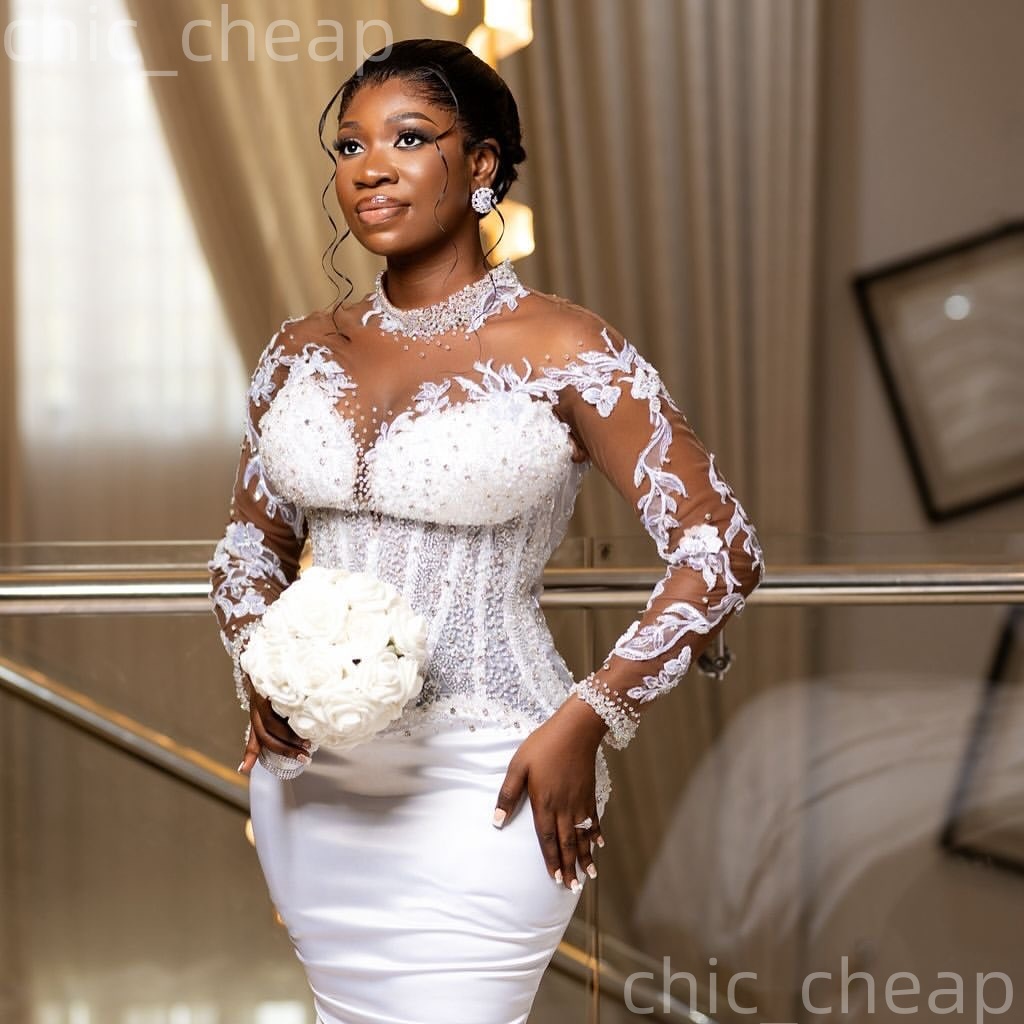 African Aso Ebi 2026 Ivory Mermaid Wedding Dress Lace Beaded Crystals Full Sleeves Satin Vintage Elegant Bridal Gowns Dresses ZJ2270