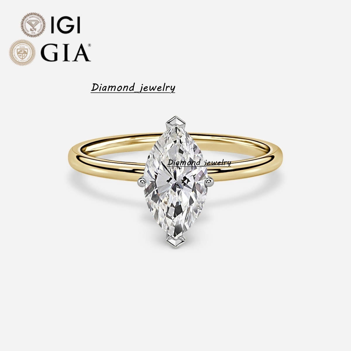 Custom 10K 14K 18K Gold Marquise Cut Engagement Ring GIA IGI Certified VVS CVD Lab-Grown Diamond Hidden Halo Two Tone Fine Rings
