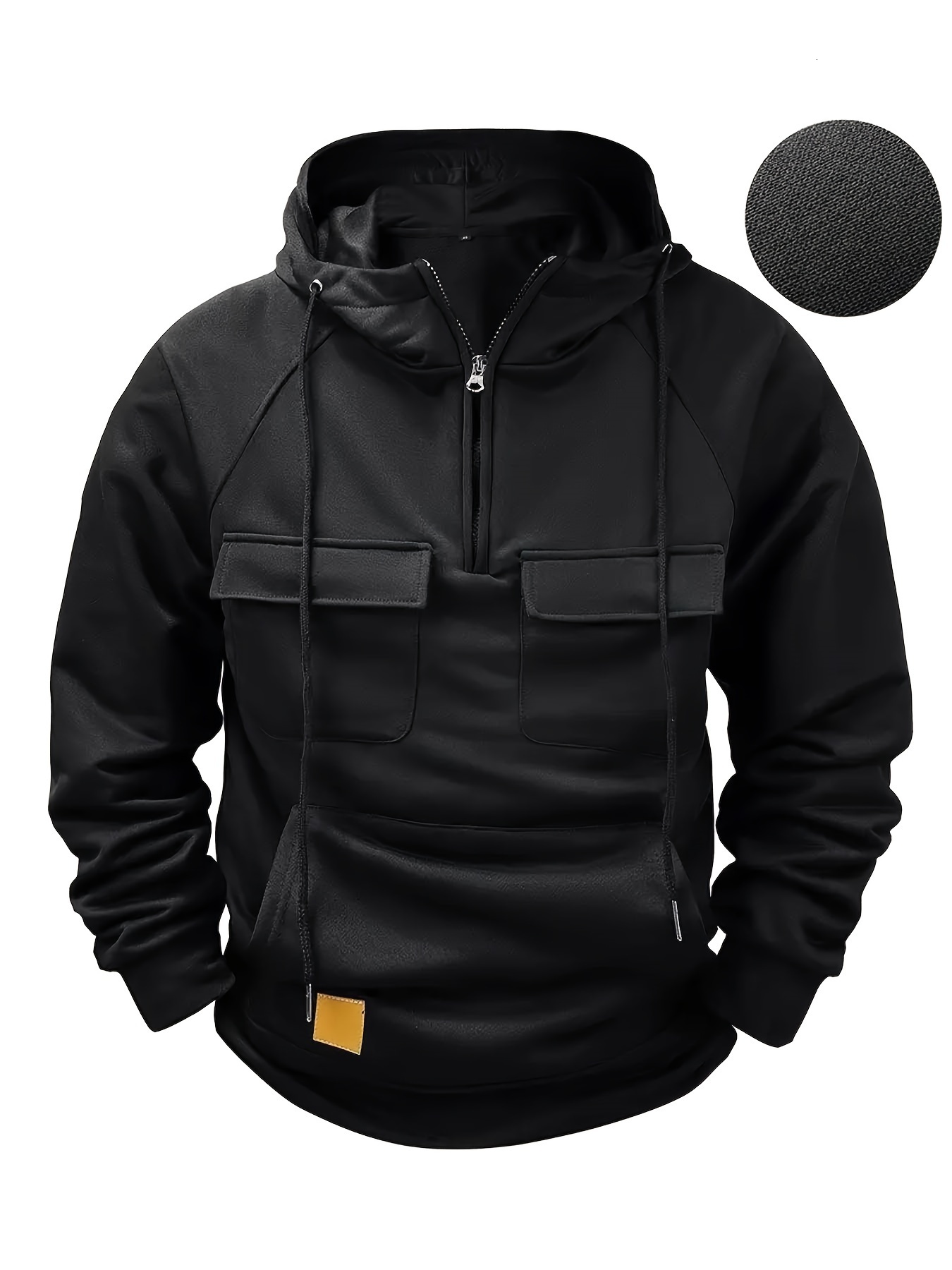 Men's Multi-Pocket Half-Zip Hoodie - Casual Utility Style Drawstring Hooded Sweatshirt