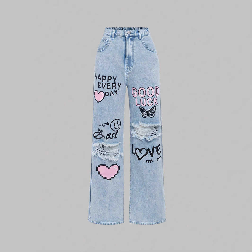 New Graffiti Wide-Leg Pants for Older Kids American Style Trendy Brand Childrens Jeans Long Wide-Leg Pants L260109