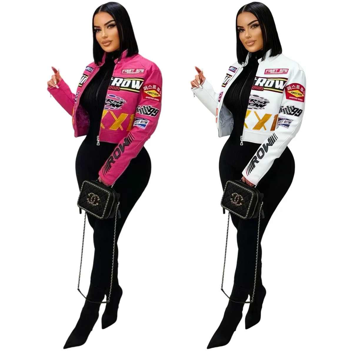 Winter Leather PU Jackets Women Crop Varsity Baseball Coats Y2K Streetwear 2025 Fall Letter Print Cyber Racer Jackets Coats 251230