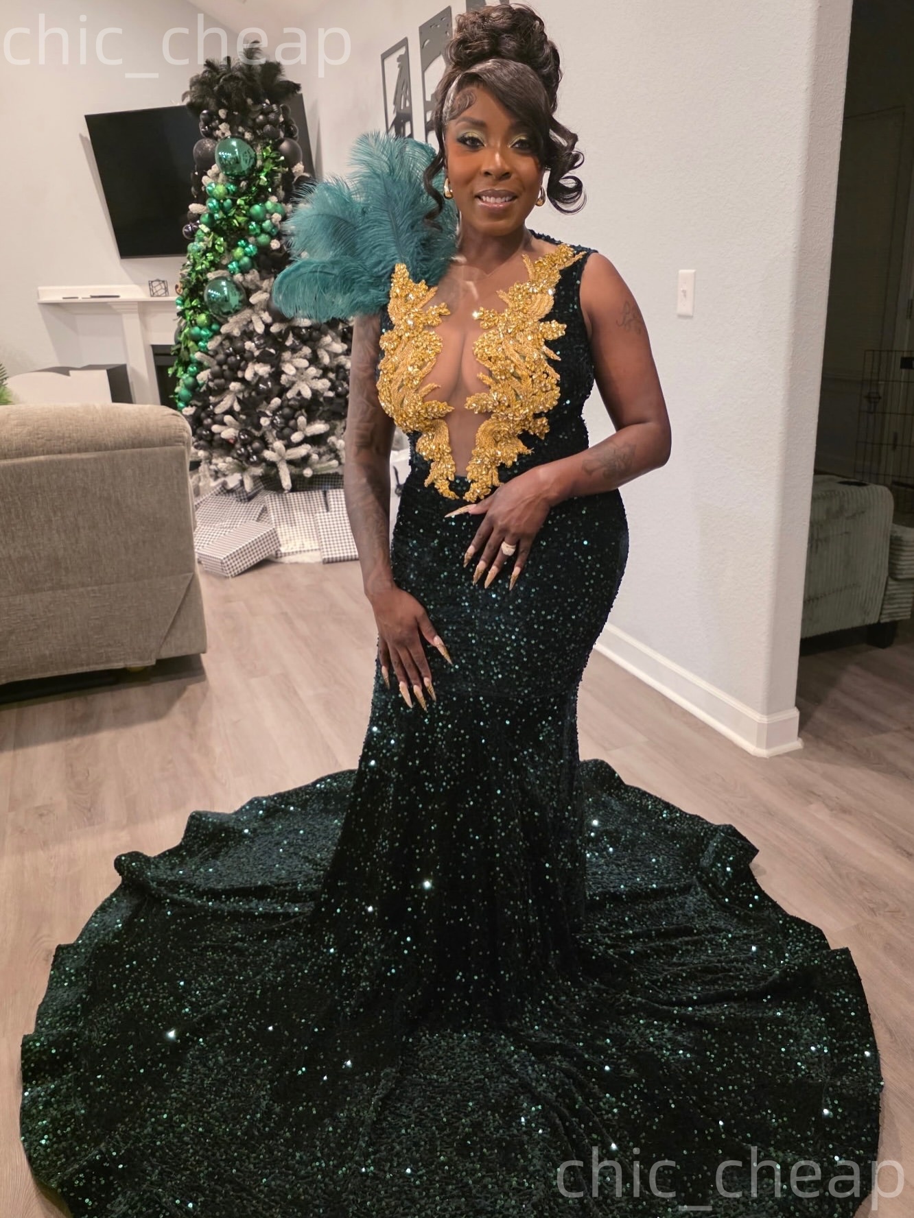 2026 Aso Ebi Dark Green Mermaid Prom Dresses Feather Crystals Sequined Evening Formal Party Second Birthday Engagement Reception Gowns Dress For Speci