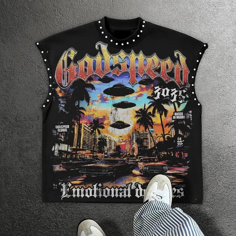 Men's T Shirts Streetwear Fashion Retro Sleeveless Oversized Shirt Gothic Classic Top Hip Hop Print Extra Large Round Neck Vest