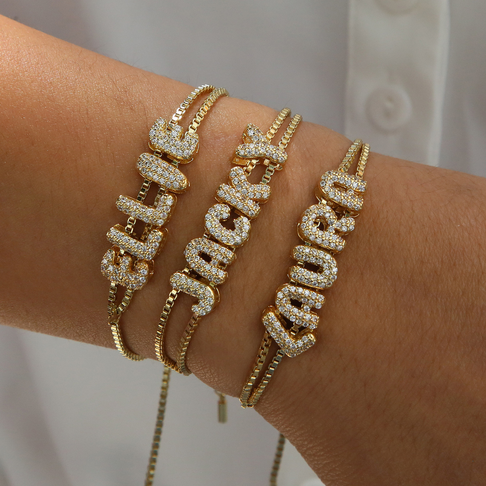 Slidable Personalized Letter Bracelet Custom Crystal 3A Zircon Name Bracelet For Women Adjustable Slider Jewelry Gift Box Chain 250327