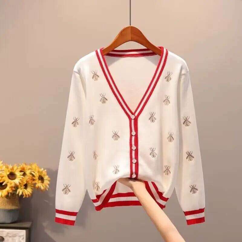 Autumn Loose Embroidered Knitted Designer Fashion Cardigan Women Cotton Handmade Sweaters Y2k Winter Beige Cardigans