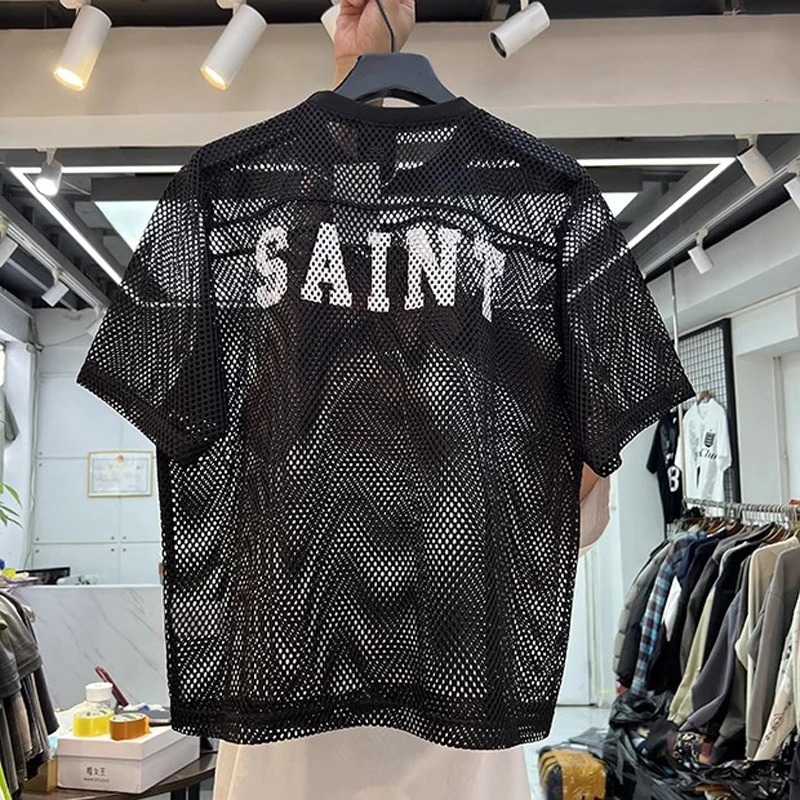 Mesh SAINT Big Print T Shirt Summer Men Women High Quality Digit 80 Print Tag Breathable Short Sleeve Clothes Tops 260107