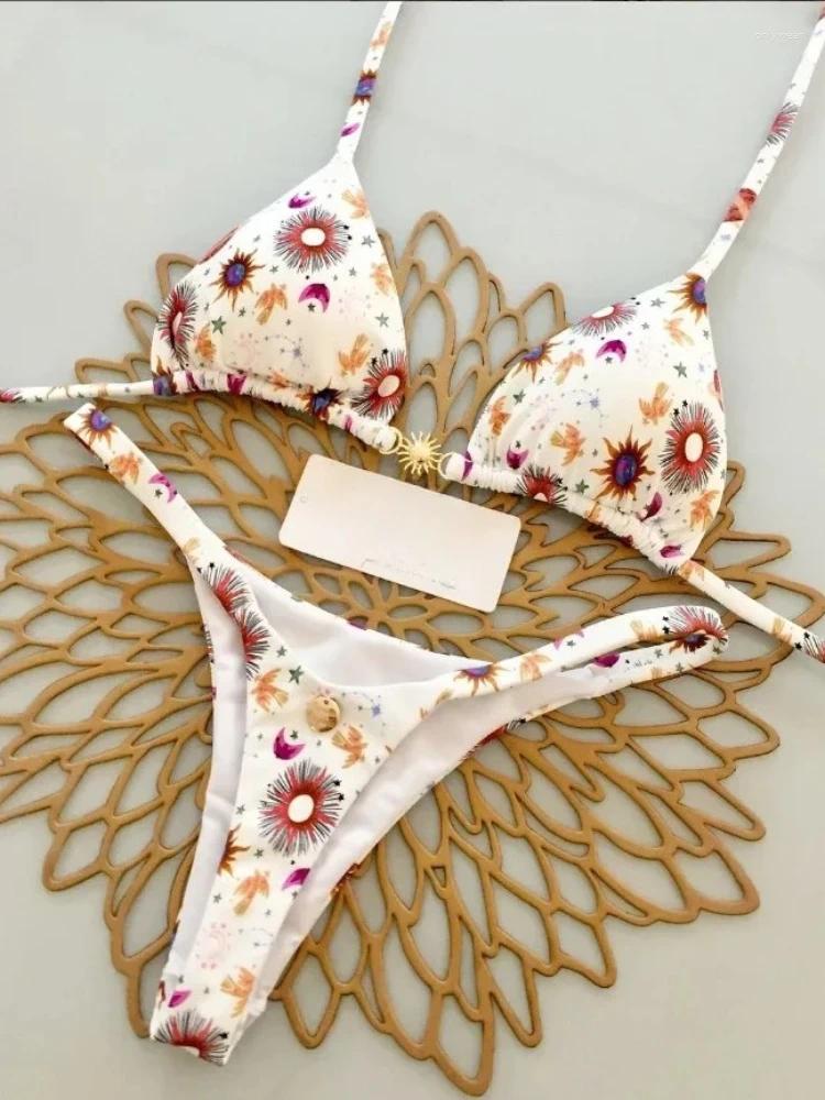 Women's Swimwear Summer Print Sexy Bikini Sets Halter Lace-up Tops Thongs Beach Style Bathing Suit Y2k Swimsuits Women Beachwear Fashion