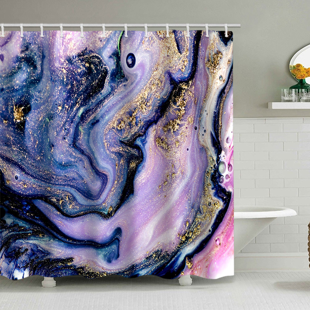 YL-38124 Marble Pattern Shower Curtain, Abstract Geometric Texture, Polyester Waterproof Shower Curtain Set with Hooks