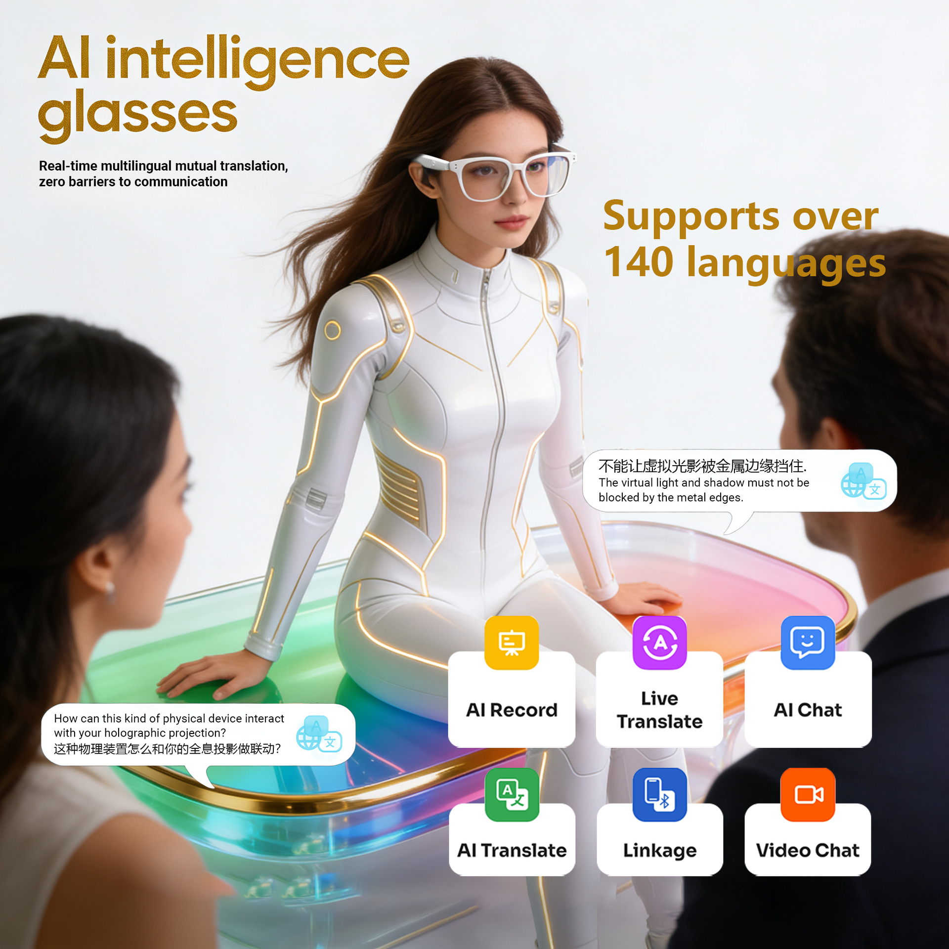 New AI Translation Fashion Bluetooth Sunglasses Real time Translation in Over 100 Languages Smart Sunglasses for Music Listening and Calls