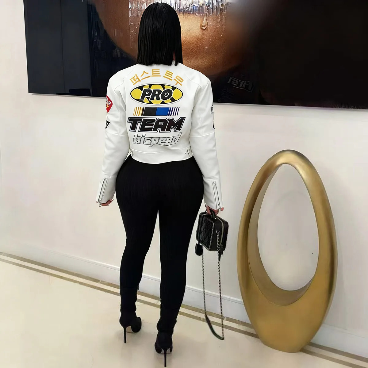 Winter Leather PU Jackets Women Crop Varsity Baseball Coats Y2K Streetwear 2025 Fall Letter Print Cyber Racer Jackets Coats 251230