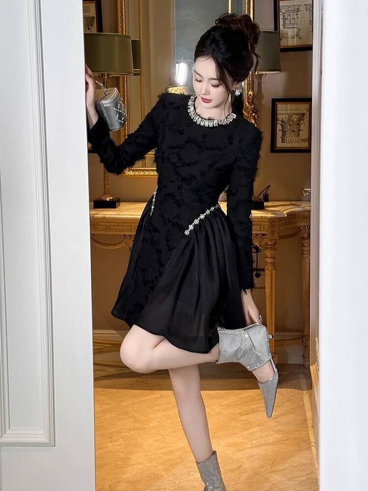 Bestseller Women Clothes Black Vintage Sparkly Diamonds O-Neck Slim Mini Short Dress Luxury Elegant Party Prom Vestidos Fiesta Fashion New ddmytues