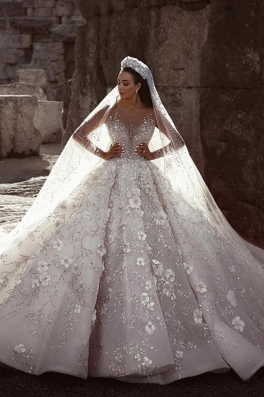African Aso Ebi 2026 Ivory Ball Gown Wedding Dress Floral Sequined Lace Beaded Sheer Neck Full Sleeves Sparkly Bridal Gowns Dresses ZJ221