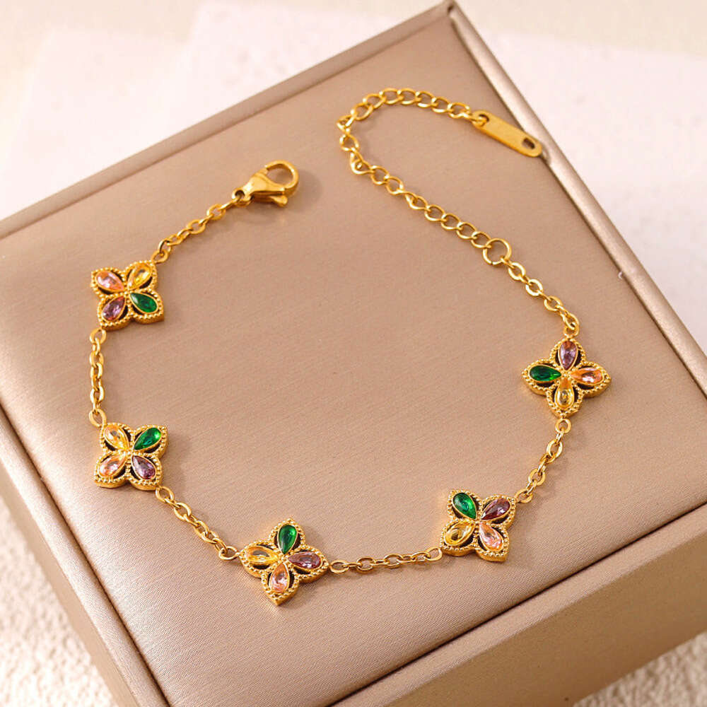 European and American New Style Four-Leaf Clover Stainless Steel 18K Plated Jewelry Colorful Zircon Snake Chain Bracelet Gold Bracelets For Valentine&