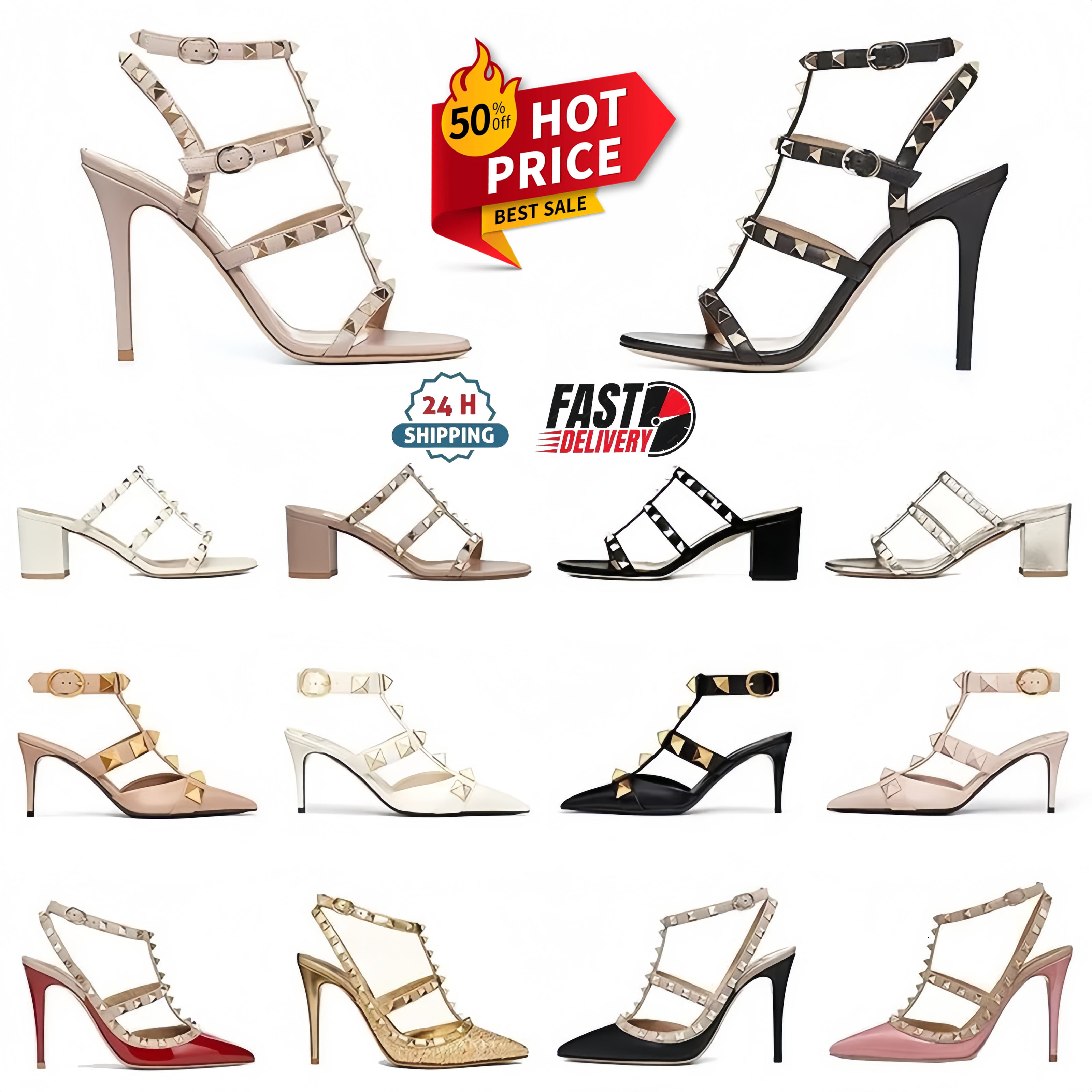 Designer High Heel Sandal With Box Dress Shoes Ankle Strap Roman Studs Black Nude Strip stiletto Peep-Toe Point Toe Rivets Womens Party Wedding Stiletto Block Heel