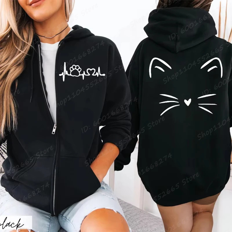 Women Zipper Hoodies Autumn Winter Cute Cat Heatbeat Line Print Hoodies Hip Hop Streetwear Women Zip Up Jacket Coat Clothing 251231