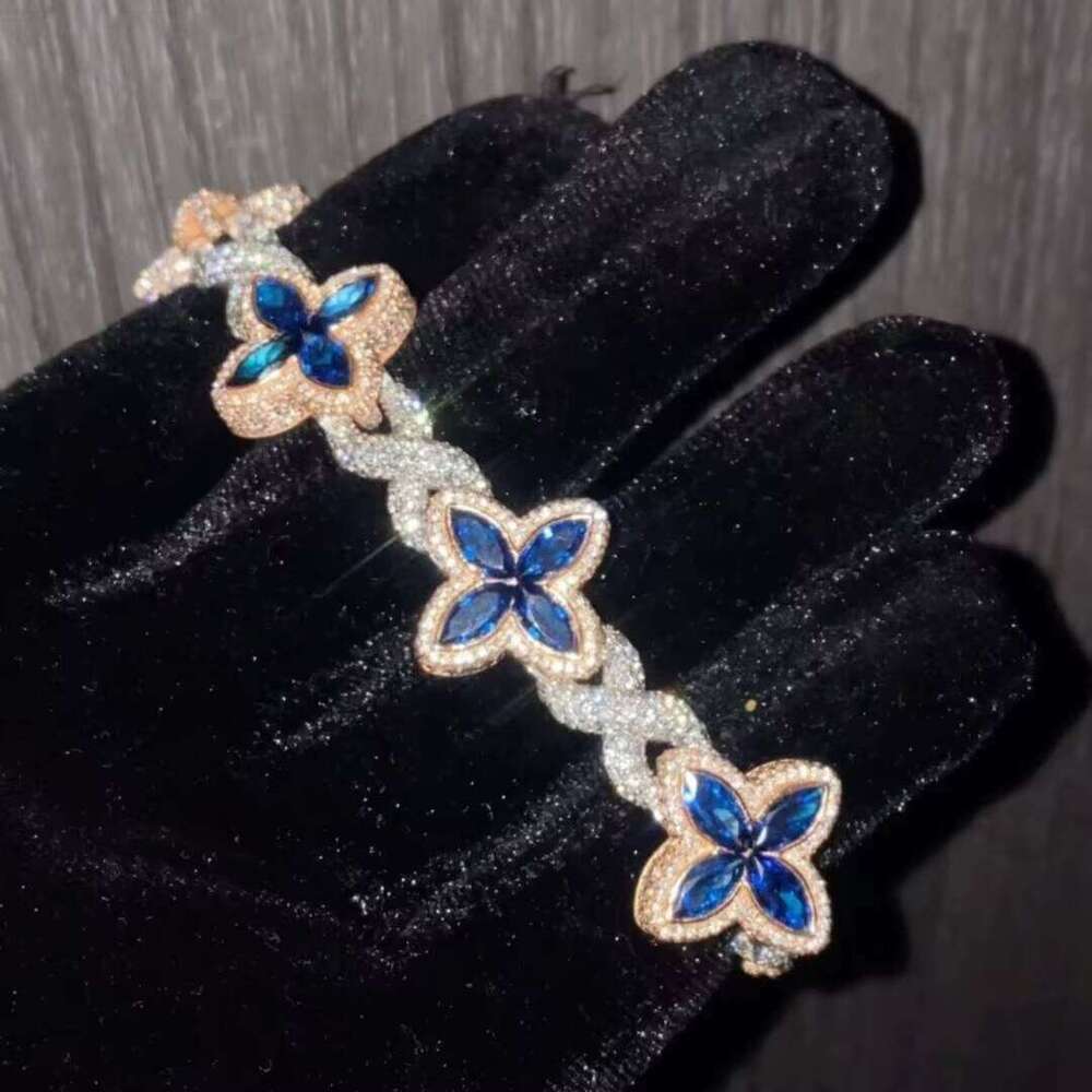 Charming Colorful Marquise Eye VVS Moissanite Four-Leaf Three-Leaf Clover 925 Silver Cuban Chain Men's Women's Jewelry Bracelet Bangle