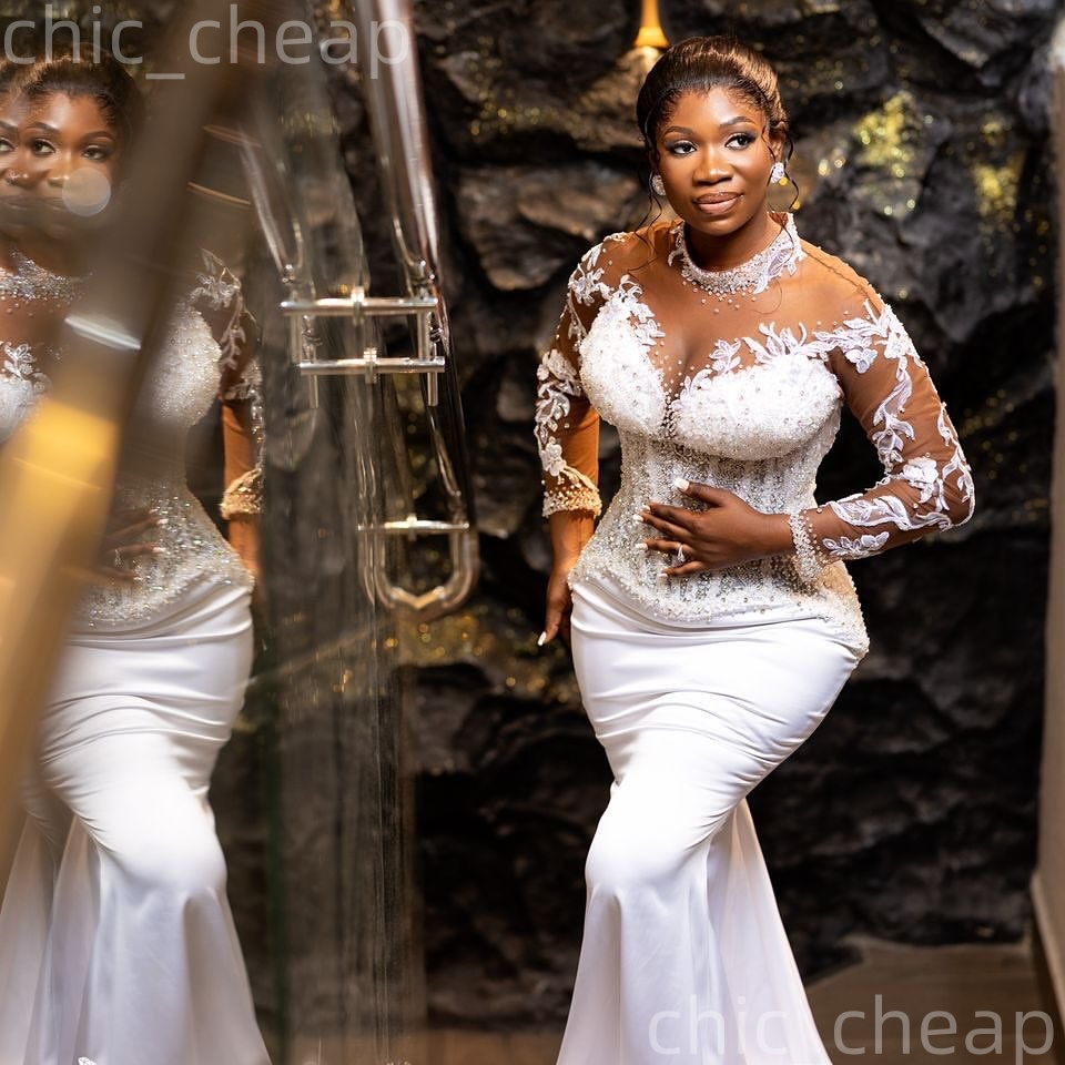 African Aso Ebi 2026 Ivory Mermaid Wedding Dress Lace Beaded Crystals Full Sleeves Satin Vintage Elegant Bridal Gowns Dresses ZJ2270