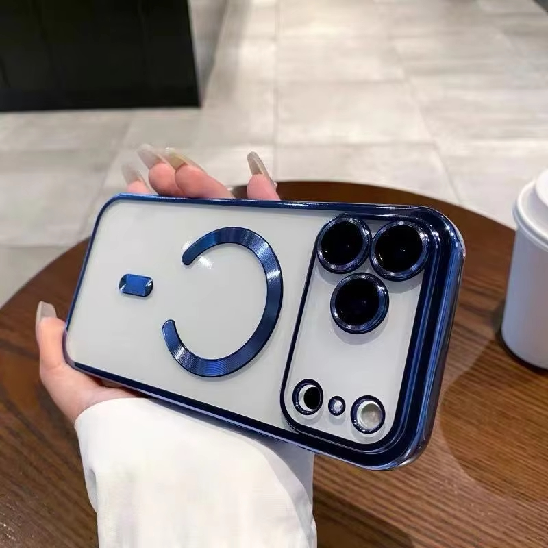 Magnetic Phone Cases for iPhone 17 16 16E 15 14 13 12 11 Pro Max Samsung S25 S26 S23 S24 Plus Ultra CD Grain Chromed Clear Plating Soft TPU with Camer