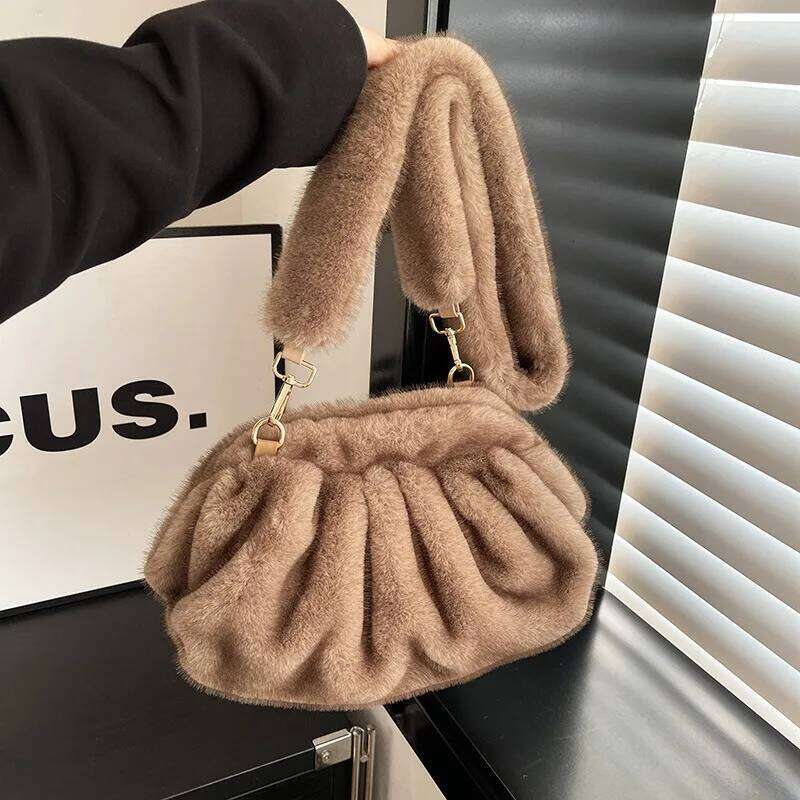 Fluffy Women's - Large Capacity New Arrival Autumn/Winter Niche Furry Shoulder Crossbody Bag with Pleated Tote Design XJ260109