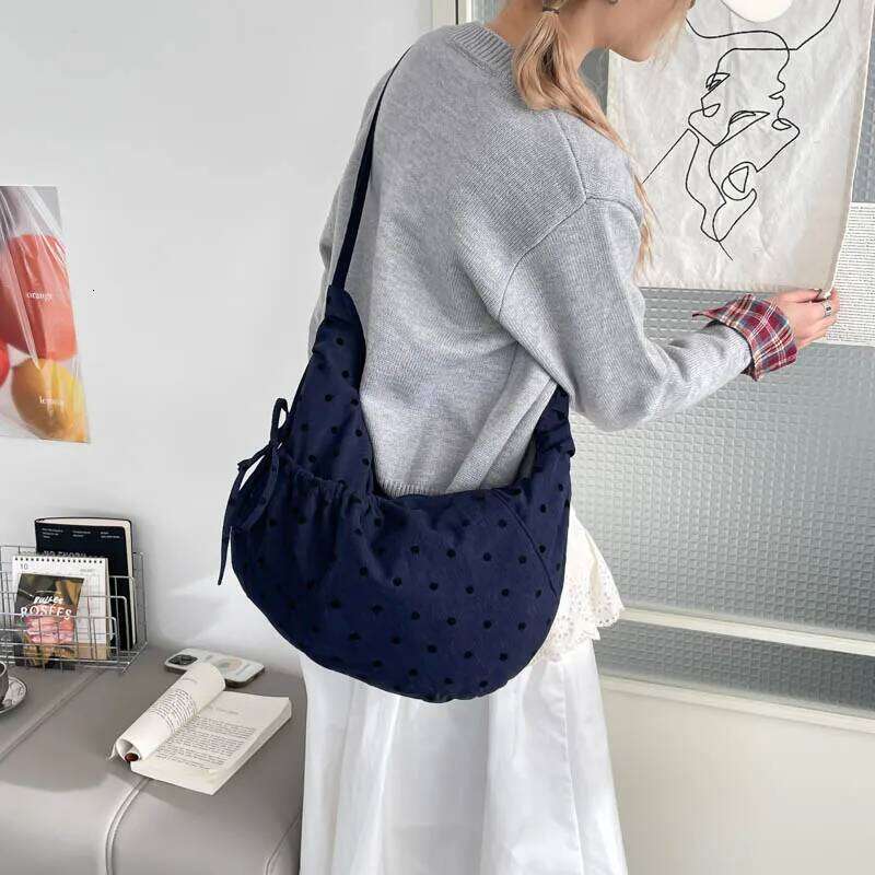 Cute Pink Polka Dot Corduroy Crescent Shoulder Drawstring 2025 New Trendy Design Casual Crossbody Bag for Women Daily Use XJ260109