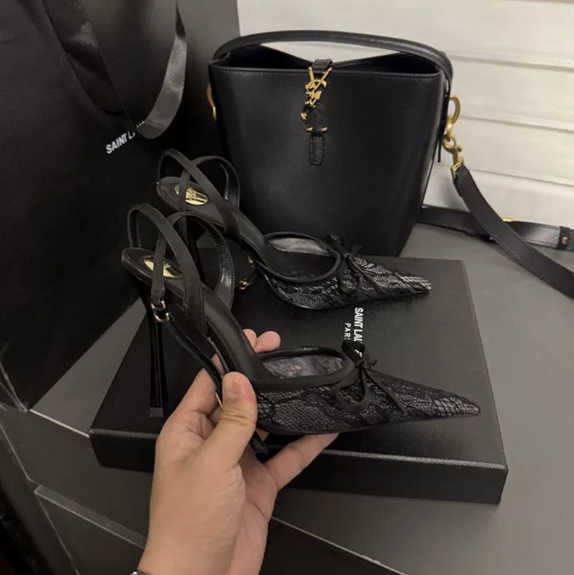 Dress Shoes Black high heels for women, 2025 new style lace, slender heels, bow, one-button, pointed toe, flip-top sandals for women in summer Q260109