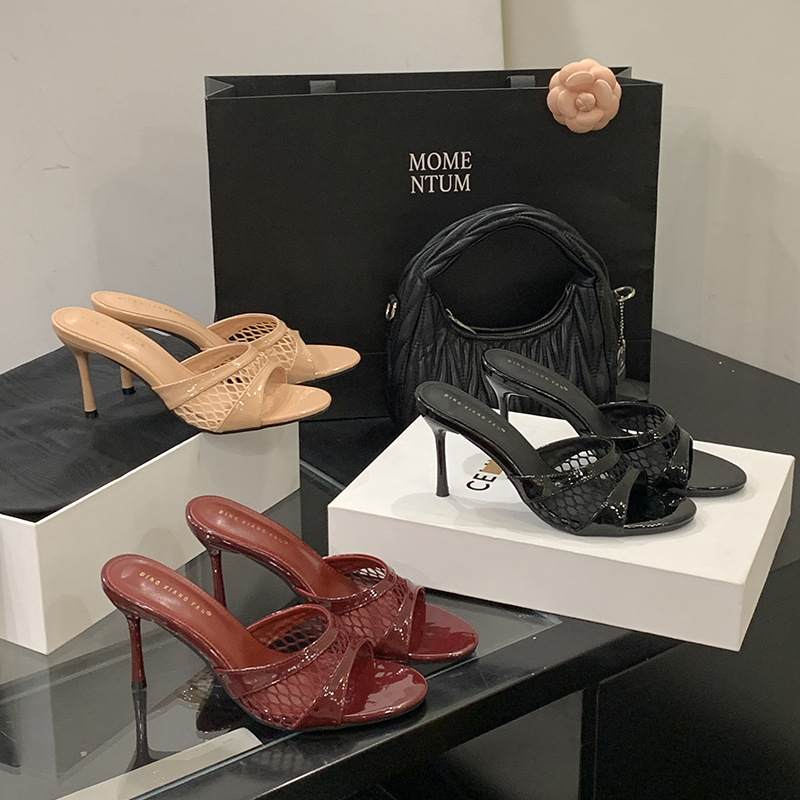 Sexy Pointed Toe Thin High Heels Pumps Green Mesh Slippers Summer Fashion Slip On Slides Women Mules Party Shoes Sandals 220414