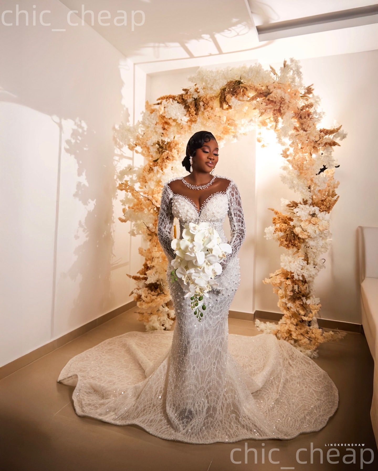 African Aso Ebi 2026 Ivory Mermaid Wedding Dress Sheer Neck Long Sleeves Sequined Lace Pearls Elegant Bridal Gowns Dresses ZJ2276