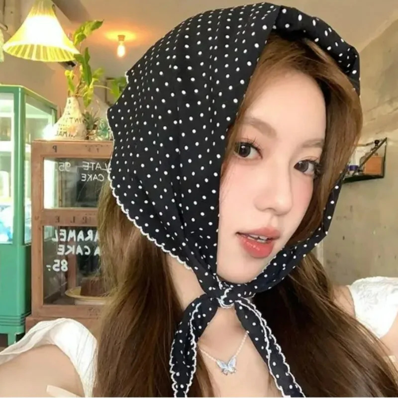 French Polka Dots Triangle Hair Scarf White Silk Summer Korean Hair Band Sweet Scarf Kerchief Women Girl Headscarf Headdress 260107