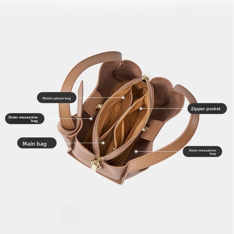 OC255M19 Genuine Leather Bucket Bag for Women Daily Outfit Business Formal Shoulder Crossbody Small Handbag Luxury Style